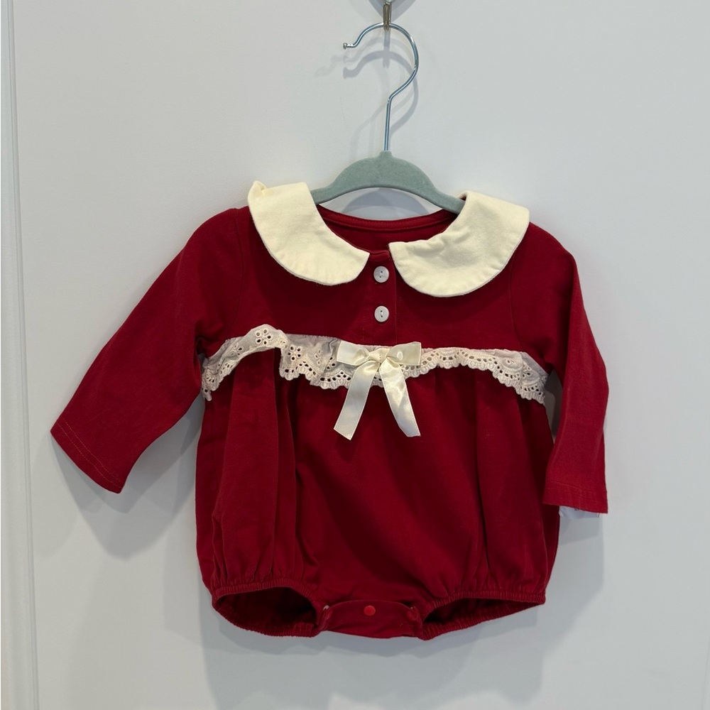Red Baby Romper with Cream Collar